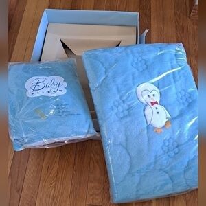 Vintage New Old Stock Quiltex Downlon Quilted Baby Blanket & Pillow Blue  Rare